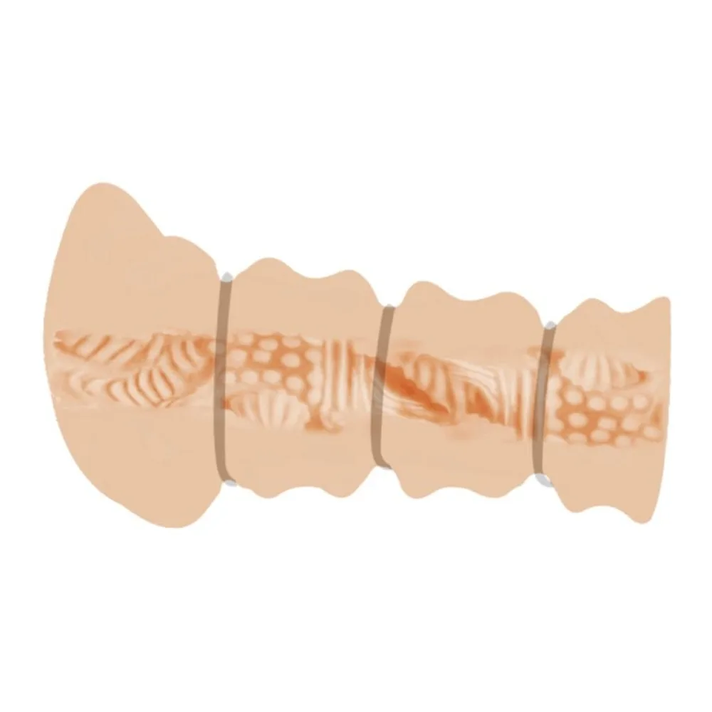 Masturbateur composé de quatre anneaux en silicone beige avec textures internes variées : ondulations, points et rainures, séparés par des bagues de serrage grises