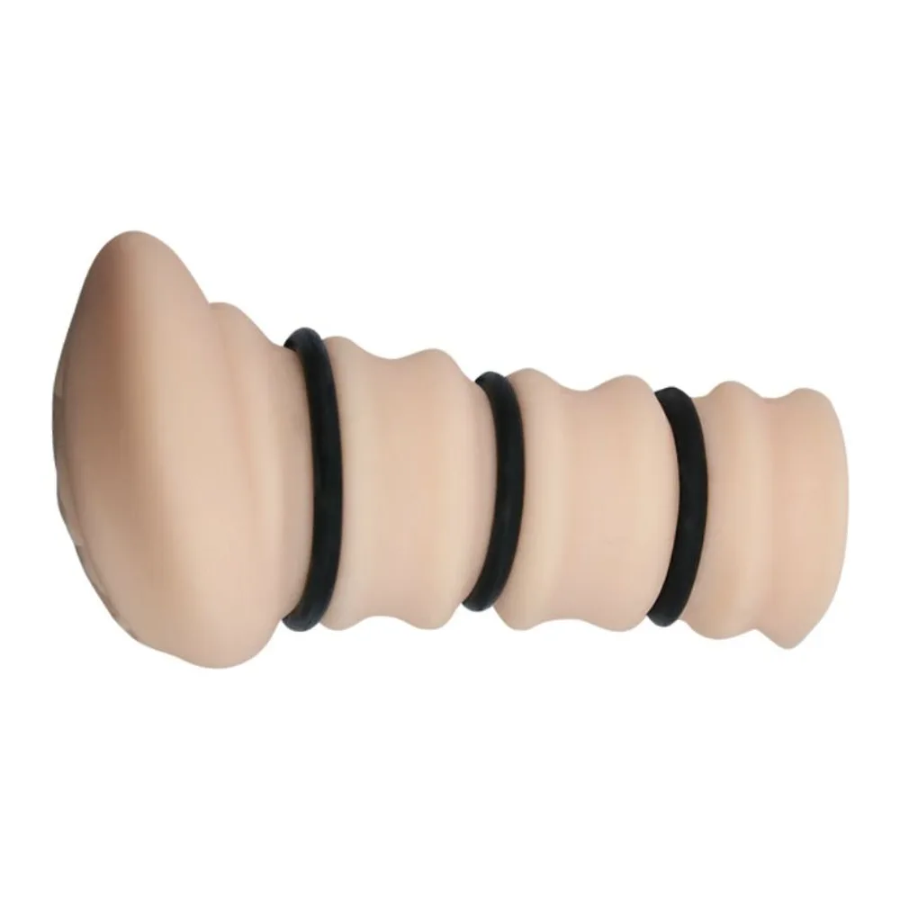 Masturbateur composé de quatre anneaux en silicone beige avec textures internes variées : ondulations, points et rainures, séparés par des bagues de serrage grises