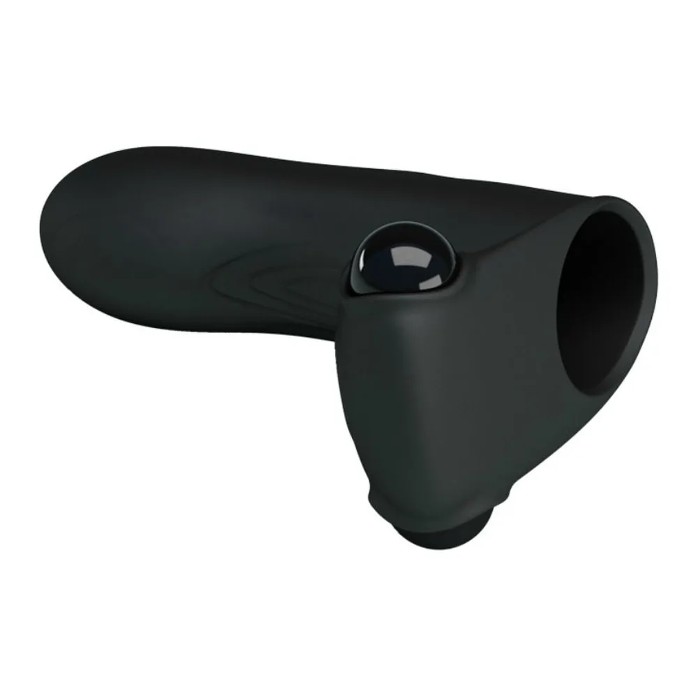 Vibromasseur noir en silicone composé d'un petit élément en forme de dé à coudre et d'une base de recharge, sur fond blanc