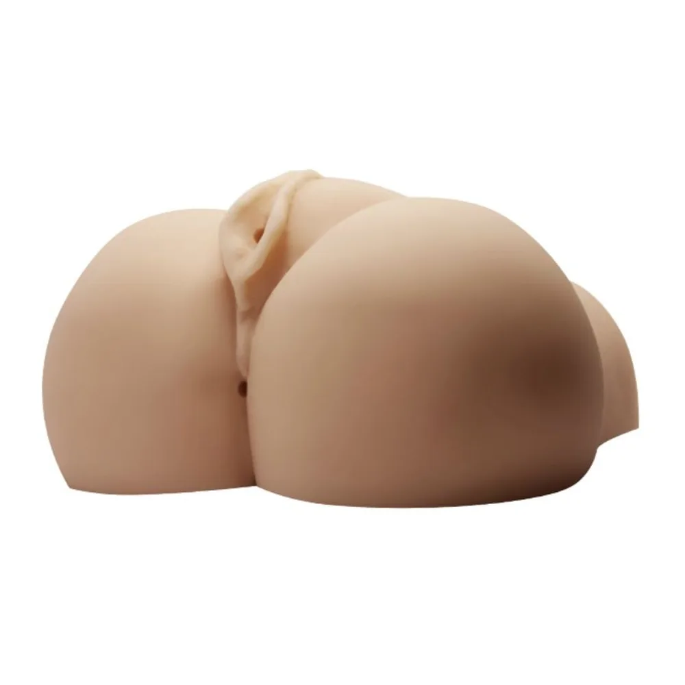 Masturbateur en silicone couleur chair avec deux orifices réalistes, vue de trois quarts sur fond blanc