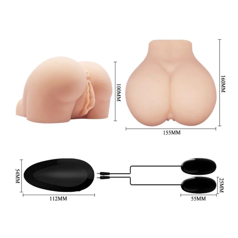 Schéma de dimensions d'un masturbateur à deux canaux en silicone chair avec jambes surélevées (160 mm de hauteur, 155 mm de largeur) et deux balles vibrantes noires commandées par télécommande filaire