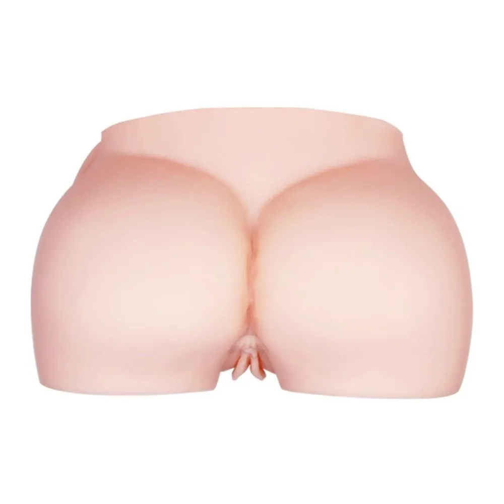 Masturbateur rose clair en forme de buste aux formes arrondies, avec deux canaux distincts et détails anatomiques, sur fond blanc