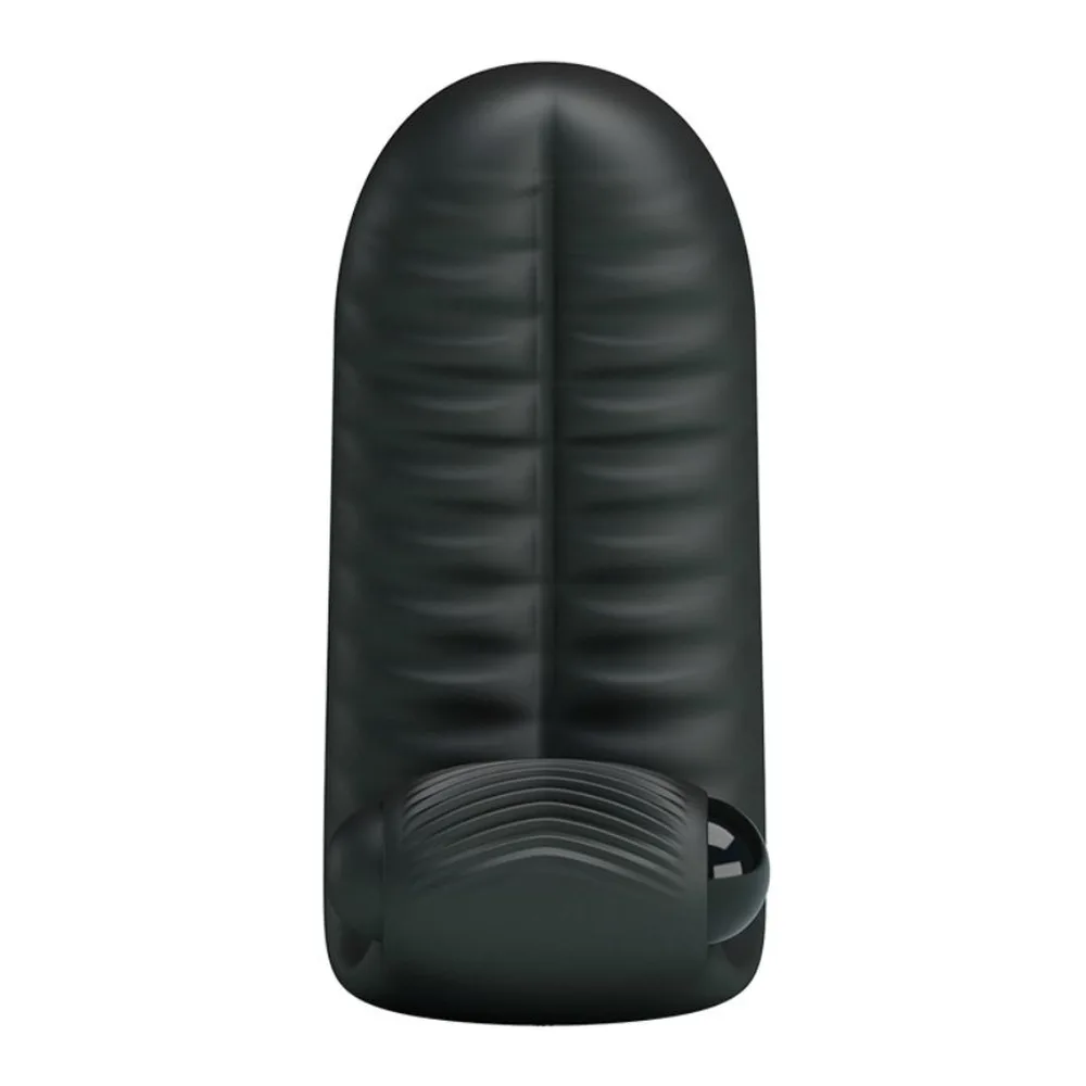 Stimulateur noir en silicone avec forme ergonomique, pointe textturée et bouton de commande brillant, sur fond blanc