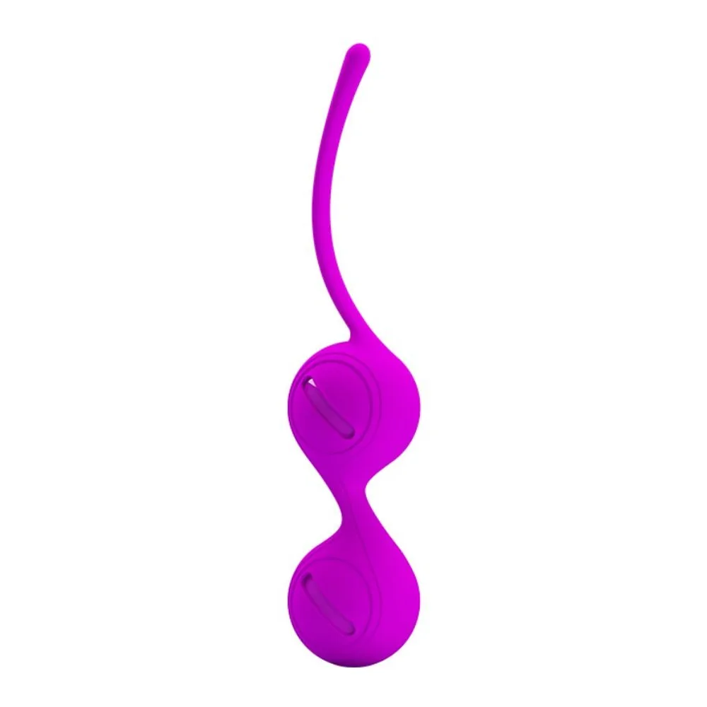 Boules de Kegel en silicone magenta avec queue souple courbe, deux sphères libres reliées par une zone amincie, sur fond blanc