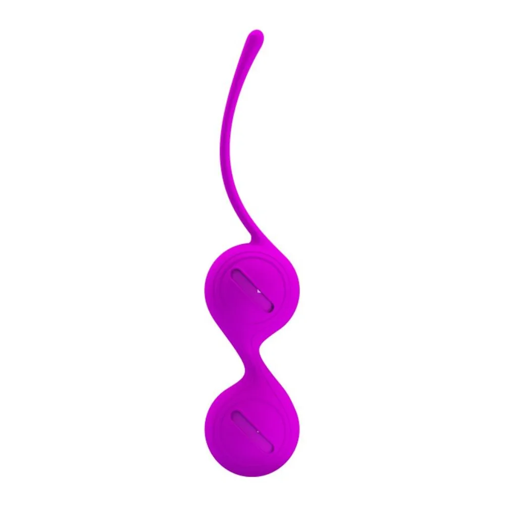 Boules de Kegel en silicone magenta avec queue souple courbe, deux sphères libres reliées par une zone amincie, sur fond blanc