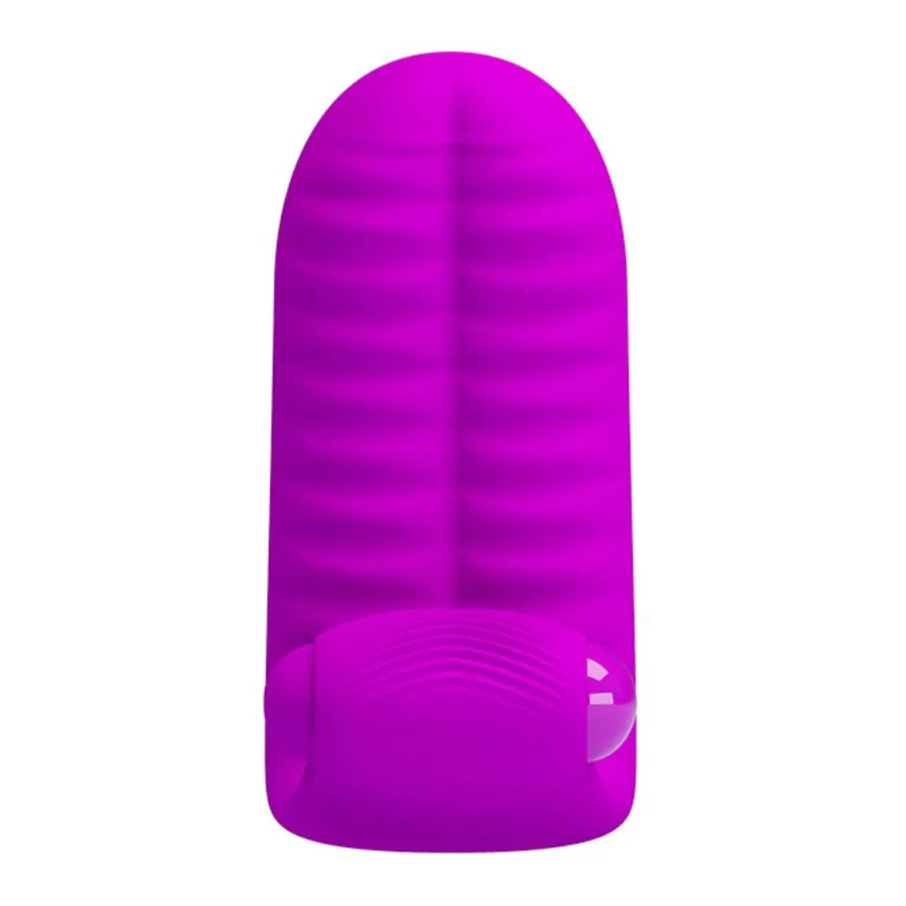 Stimulateur noir en silicone avec forme ergonomique, pointe textturée et bouton de commande brillant, sur fond blanc