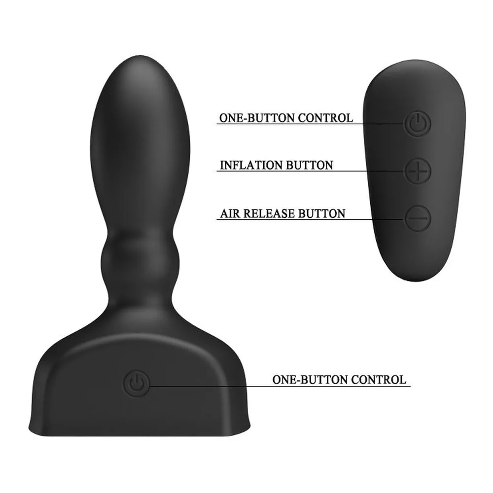 Schéma technique d'un stimulateur de prostate noir gonflable avec télécommande sans fil, montrant la base ventouse, les trois boutons de contrôle et les points de commande