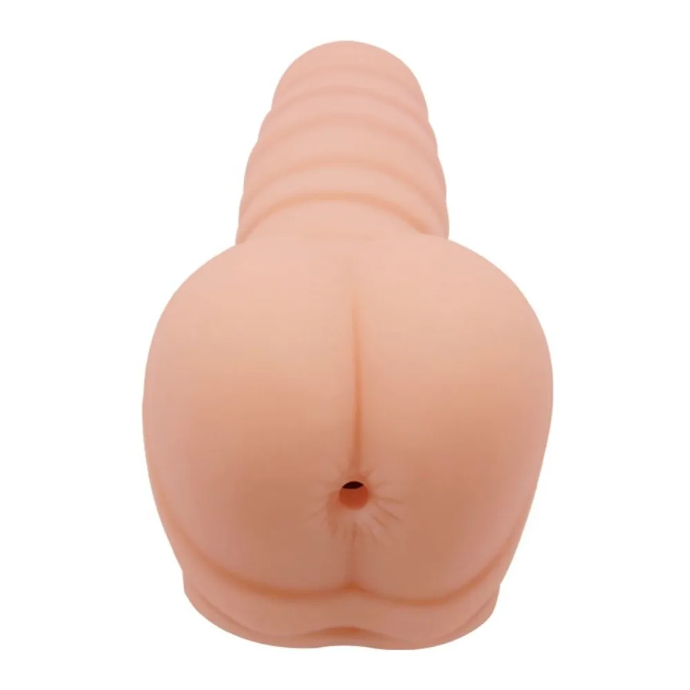 Masturbateur en silicone beige chair avec texture en relief, embout arrondi à une extrémité et cylindre strié, sur fond blanc