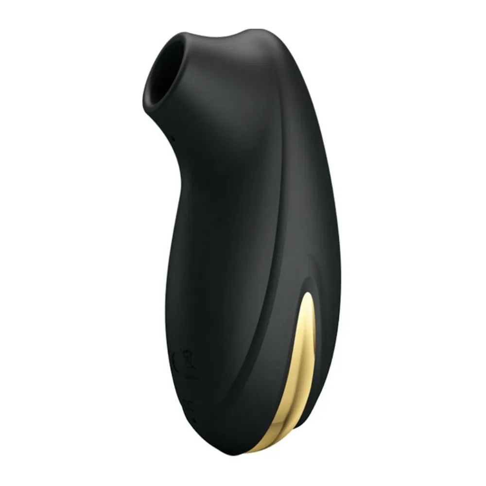 Stimulateur clitoridien noir en silicone, de forme ovoïde allongée avec ouverture ovale en haut, détail doré sur le côté, sur fond blanc