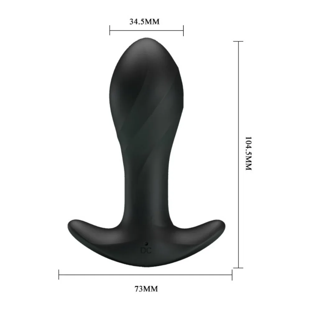 Plug anal en silicone noir brillant, forme allongée avec base évasée et col étroit, sur fond blanc
