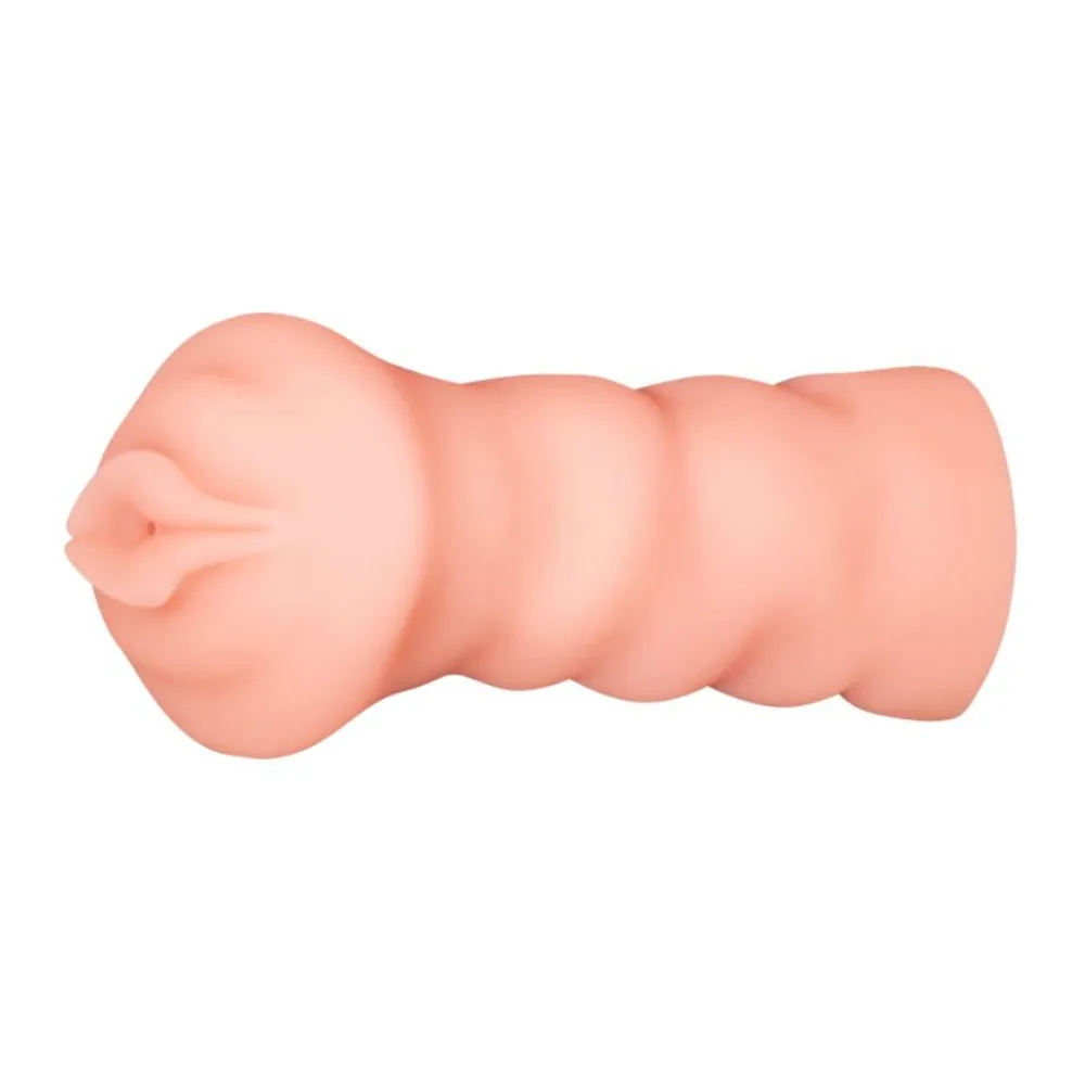 Masturbateur en silicone rose chair avec ouverture détaillée à gauche et corps cylindrique texturisé de trois sections arrondies