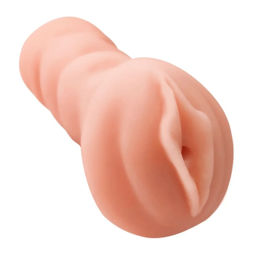 Masturbateur en silicone rose chair avec ouverture détaillée à gauche et corps cylindrique texturisé de trois sections arrondies