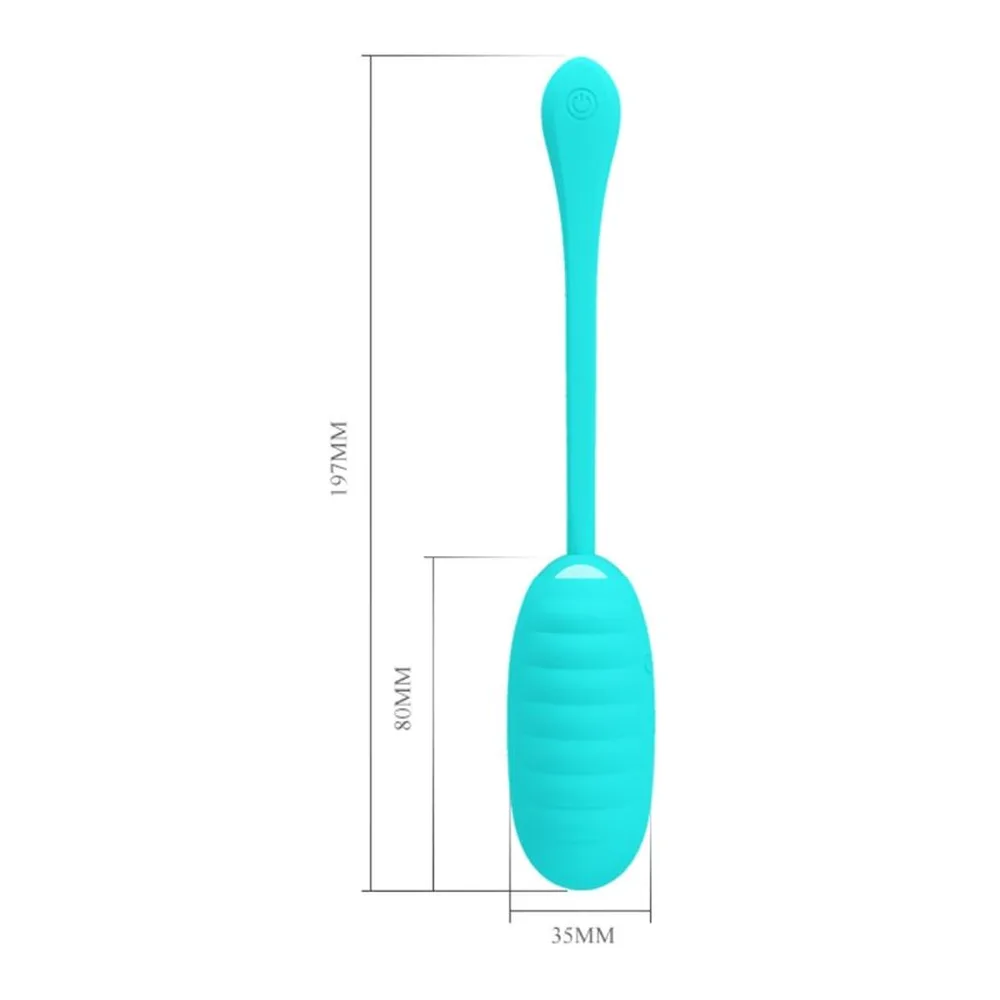 Œuf vibrant turquoise en silicone avec tige souple, orifice de charge visible sur le corps, fond blanc