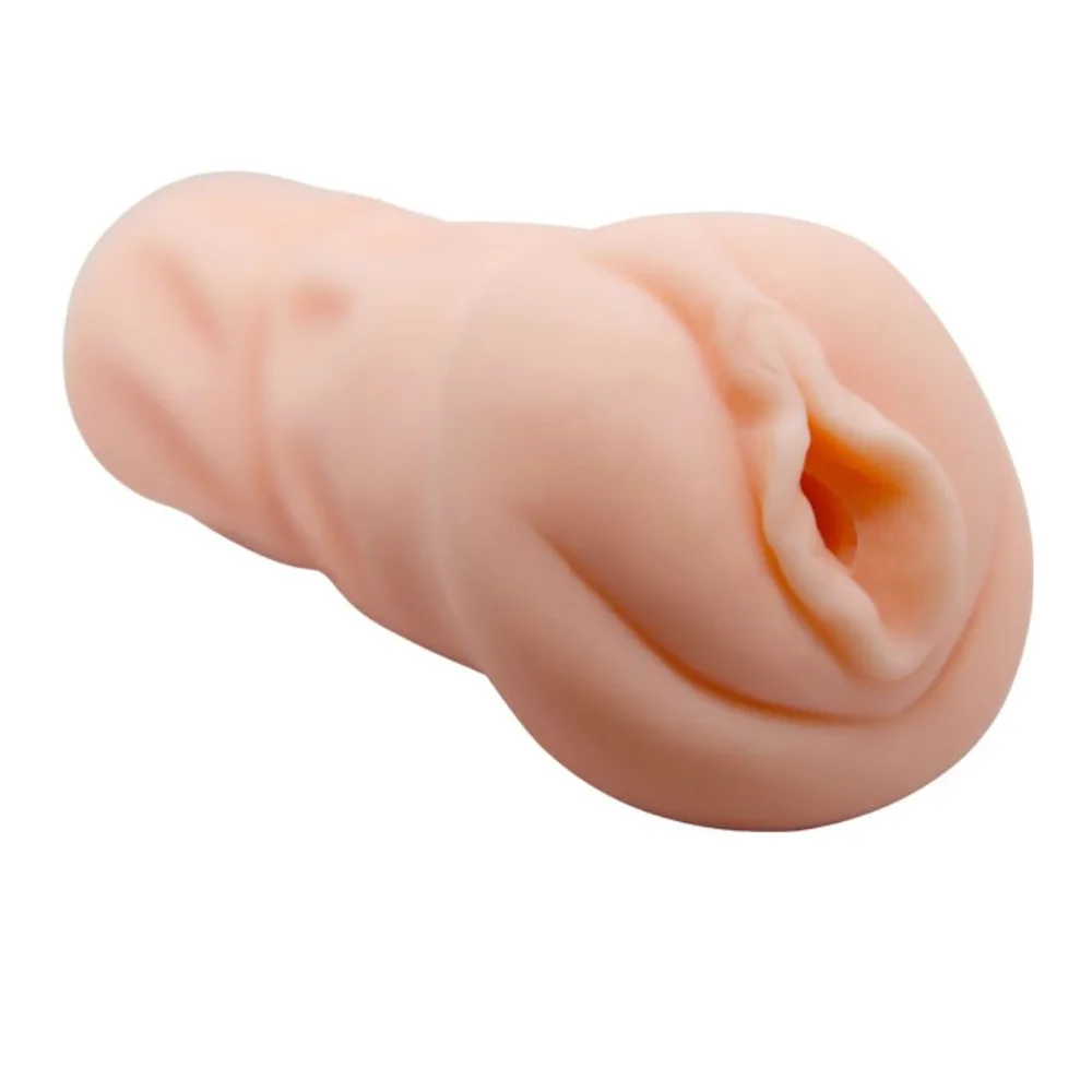 Masturbateur en silicone chair avec entrée en relief sculptée, forme compacte arrondie, surface lisse, fond blanc