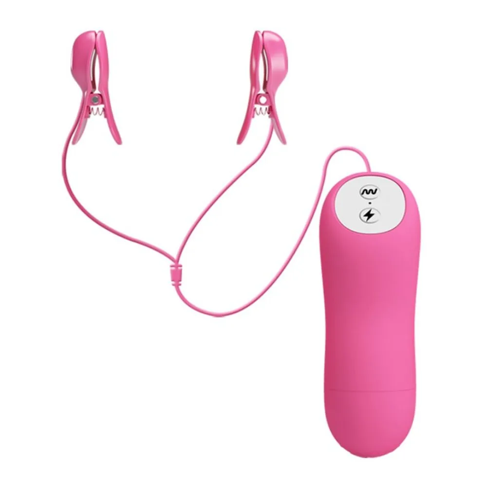 Vibromasseur rose avec deux pinces à tétons réglables reliées par un cordon, et œuf de commande sans fil affichant des symboles de vibration et d'impulsion électrique