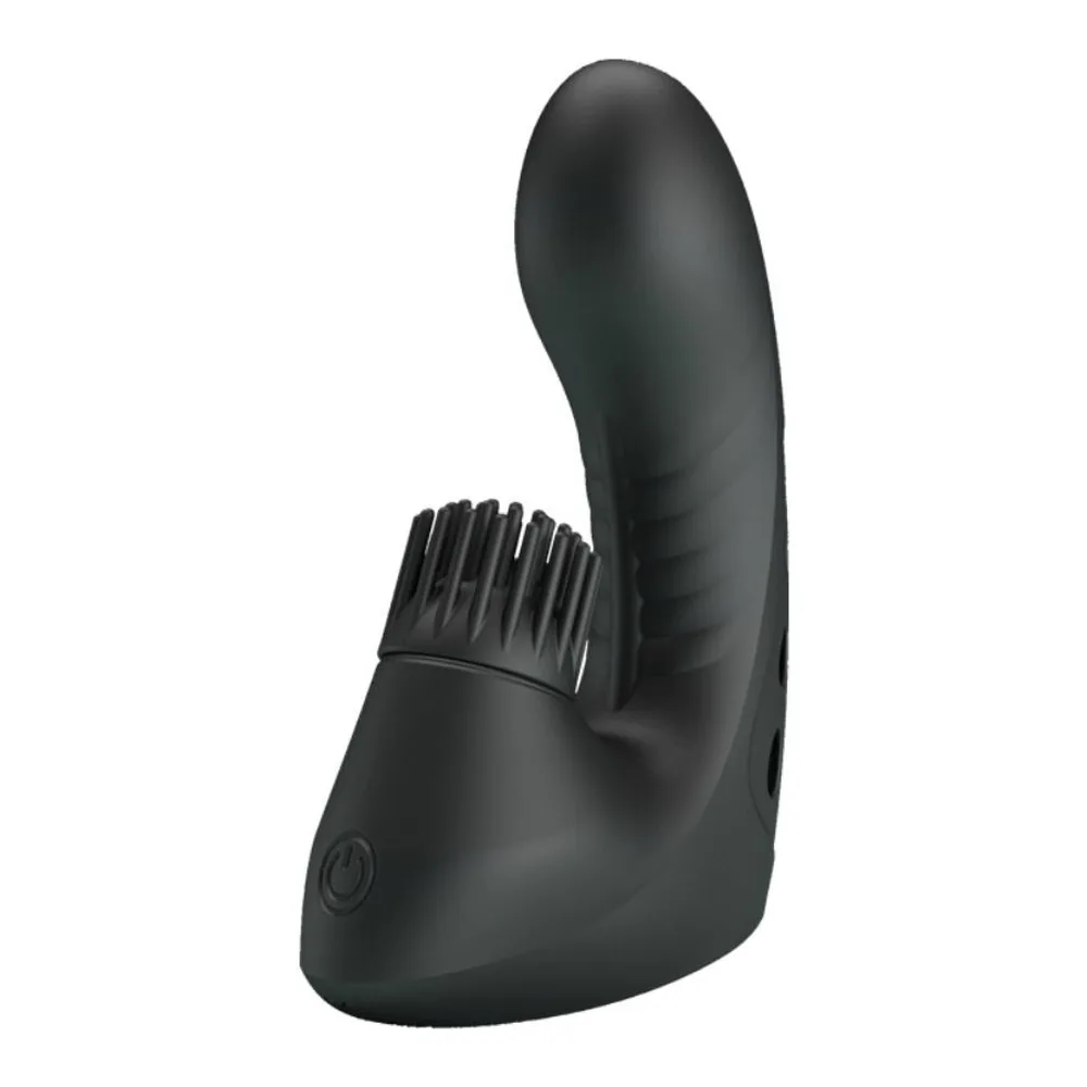 Stimulateur clitoridien noir en silicone avec tête sphérique lisse et anneau texturisé de picots à la base, bouton de commande visible sur le corps, sur fond blanc