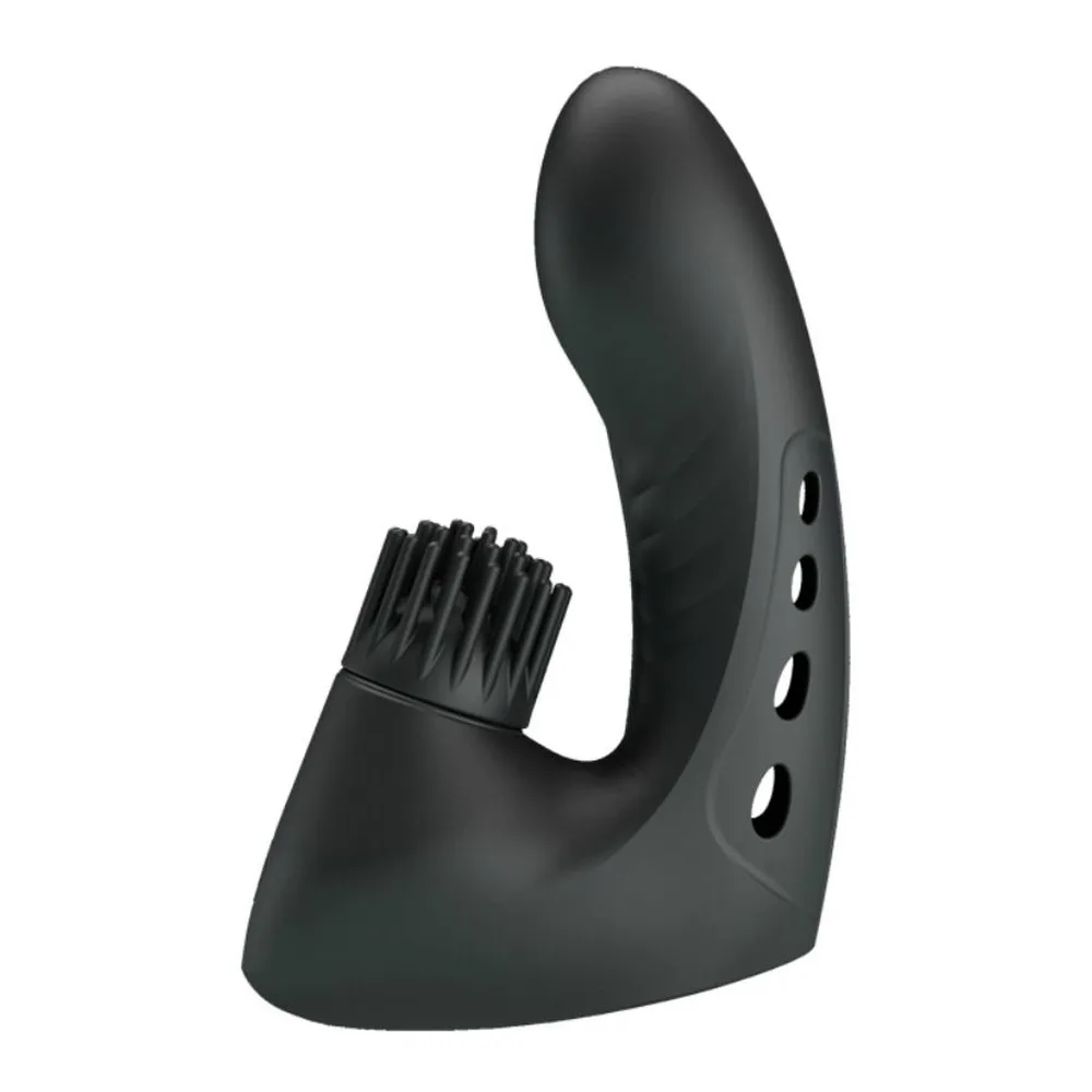 Stimulateur clitoridien noir en silicone avec tête sphérique lisse et anneau texturisé de picots à la base, bouton de commande visible sur le corps, sur fond blanc