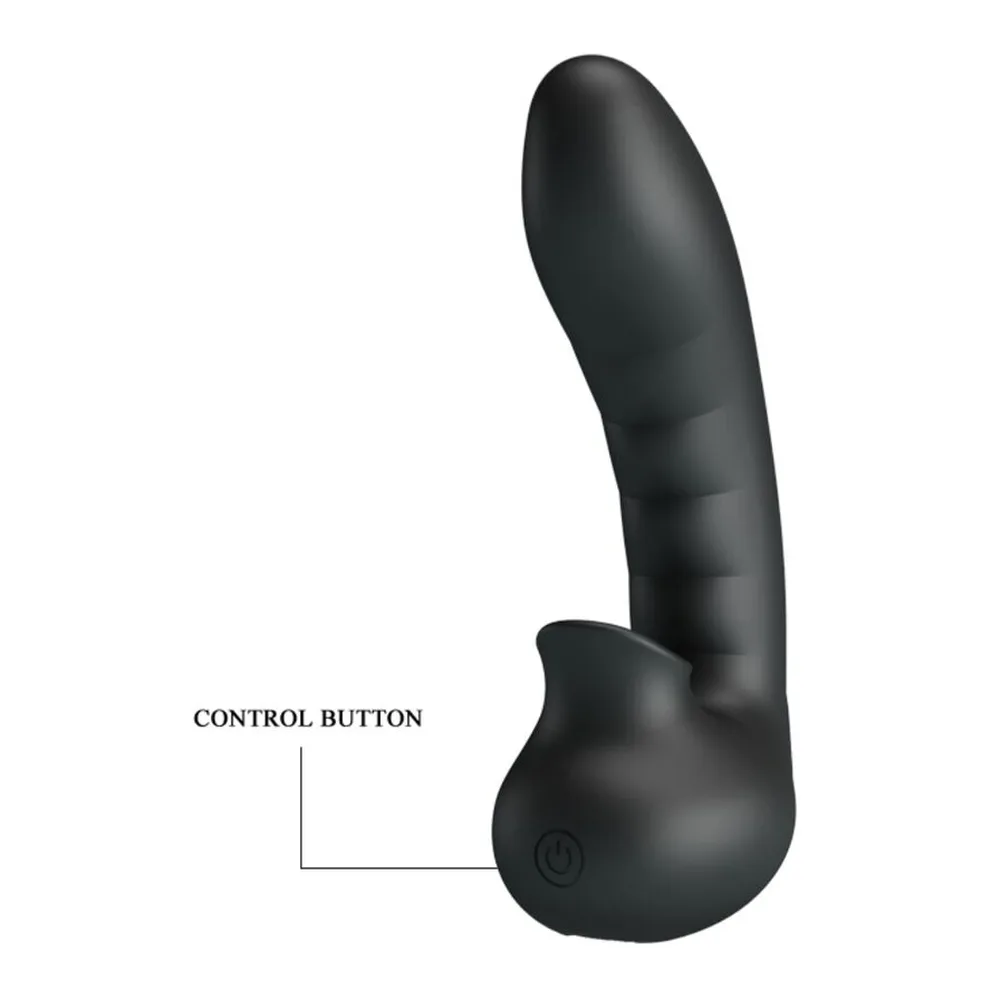 Vibromasseur noir en silicone avec prolongement incurvé vers le haut et base bulbée, bouton de commande visible sur la base, sur fond blanc