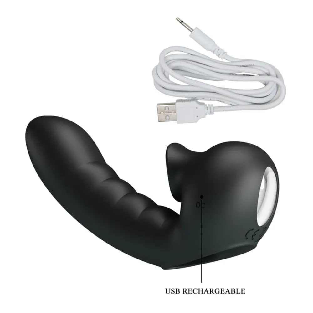Vibromasseur noir en silicone avec prolongement incurvé vers le haut et base bulbée, bouton de commande visible sur la base, sur fond blanc