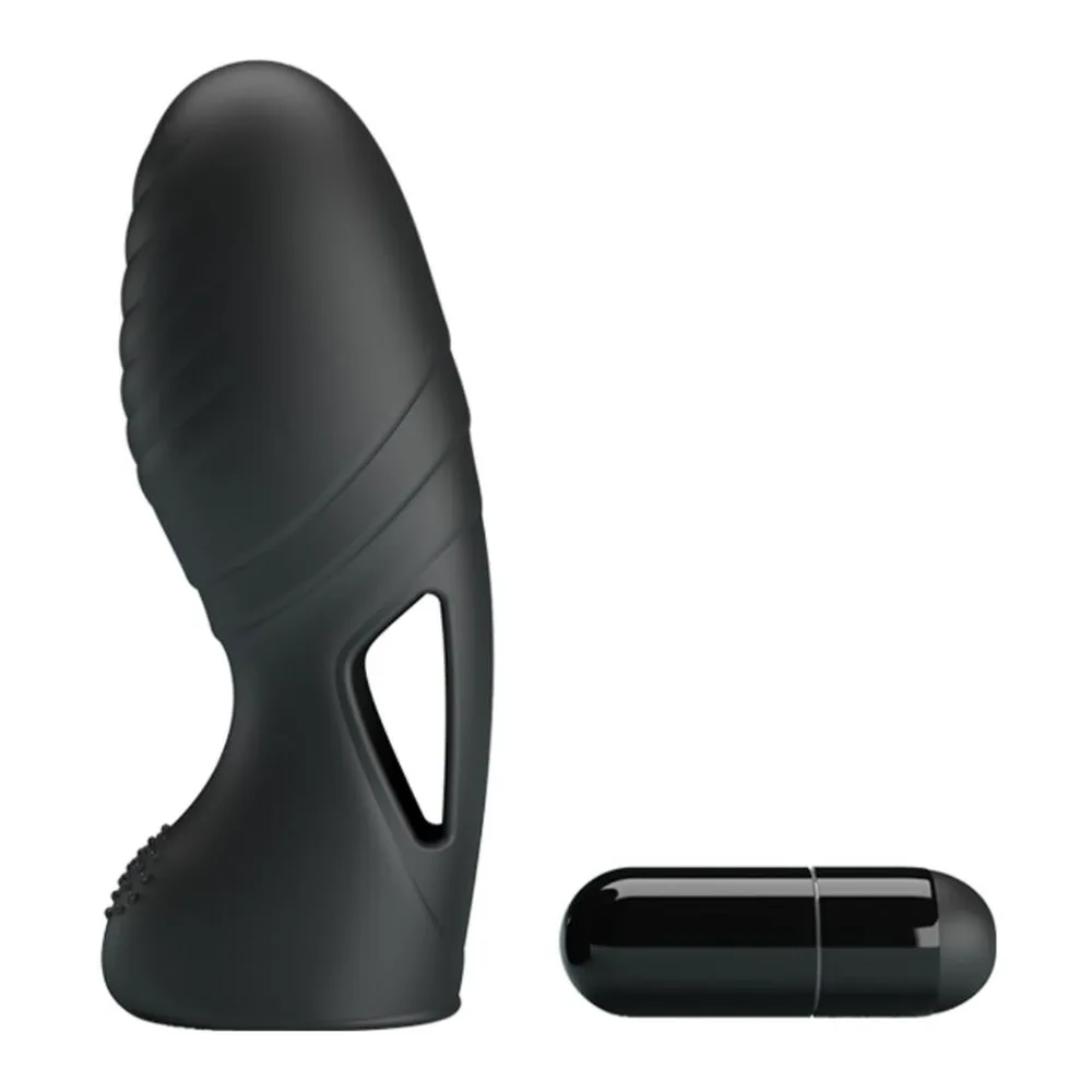Vibromasseur de doigt en silicone noir avec surface nervurée et base textturée, vue de profil sur fond blanc