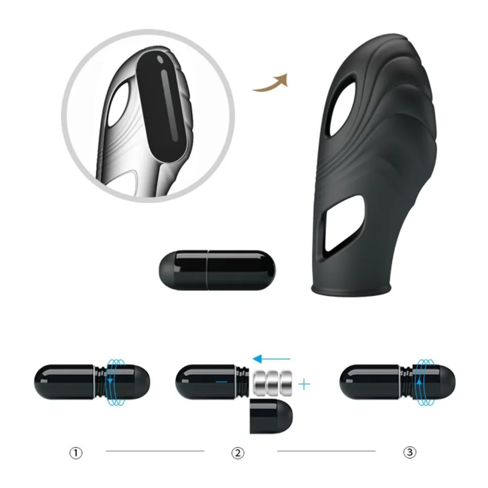 Schéma technique du vibromasseur de doigt en silicone noir avec reliefs torsadés, montrant le manchon principal, le bouton de commande circulaire et la télécommande filaire avec bouton ON/OFF