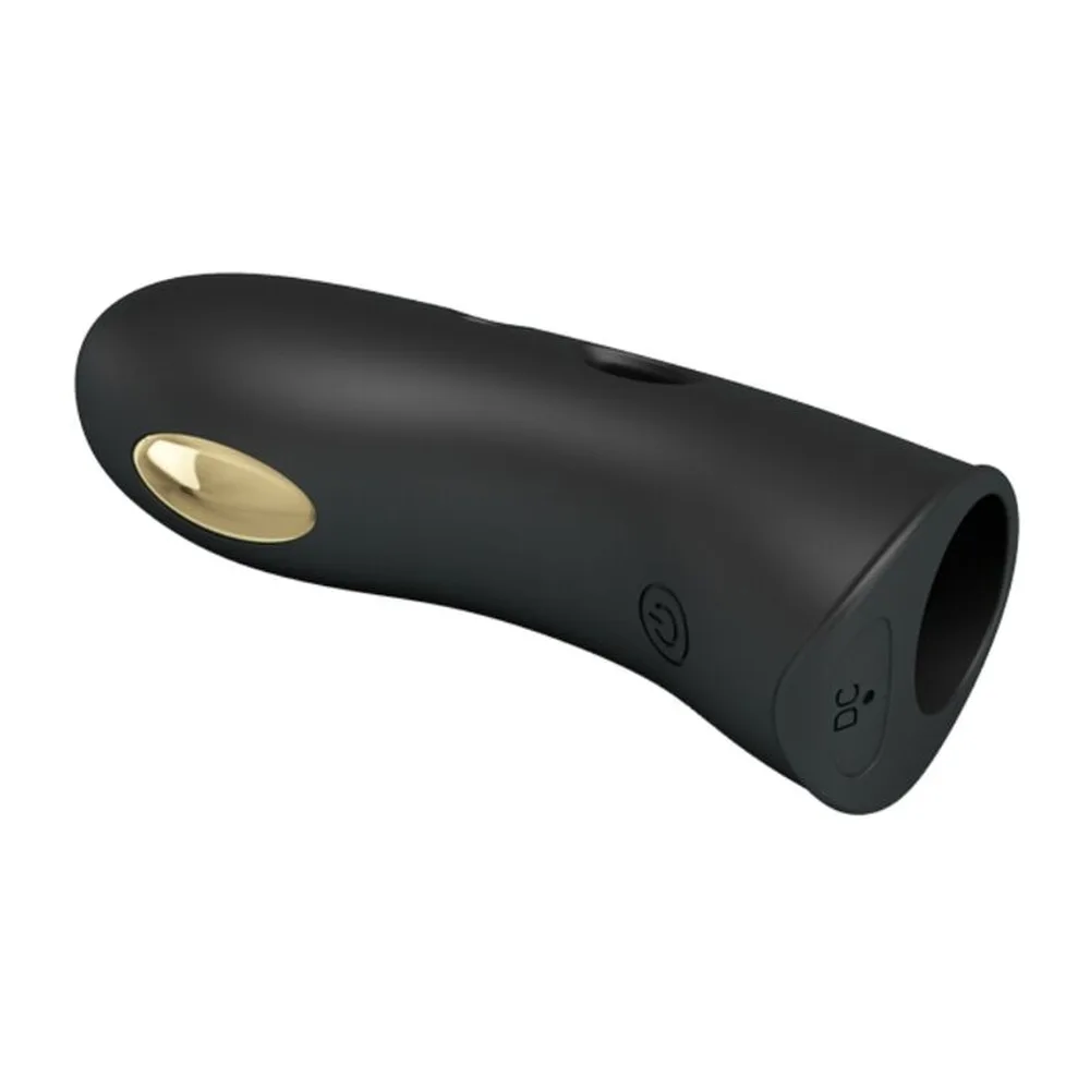 Protège-doigt noir en silicone avec détail doré sur le côté, commandes tactiles visibles, ouverture circulaire à l'extrémité, sur fond blanc
