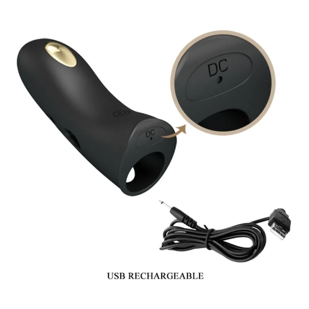 Protège-doigt noir en silicone avec détail doré sur le côté, commandes tactiles visibles, ouverture circulaire à l'extrémité, sur fond blanc