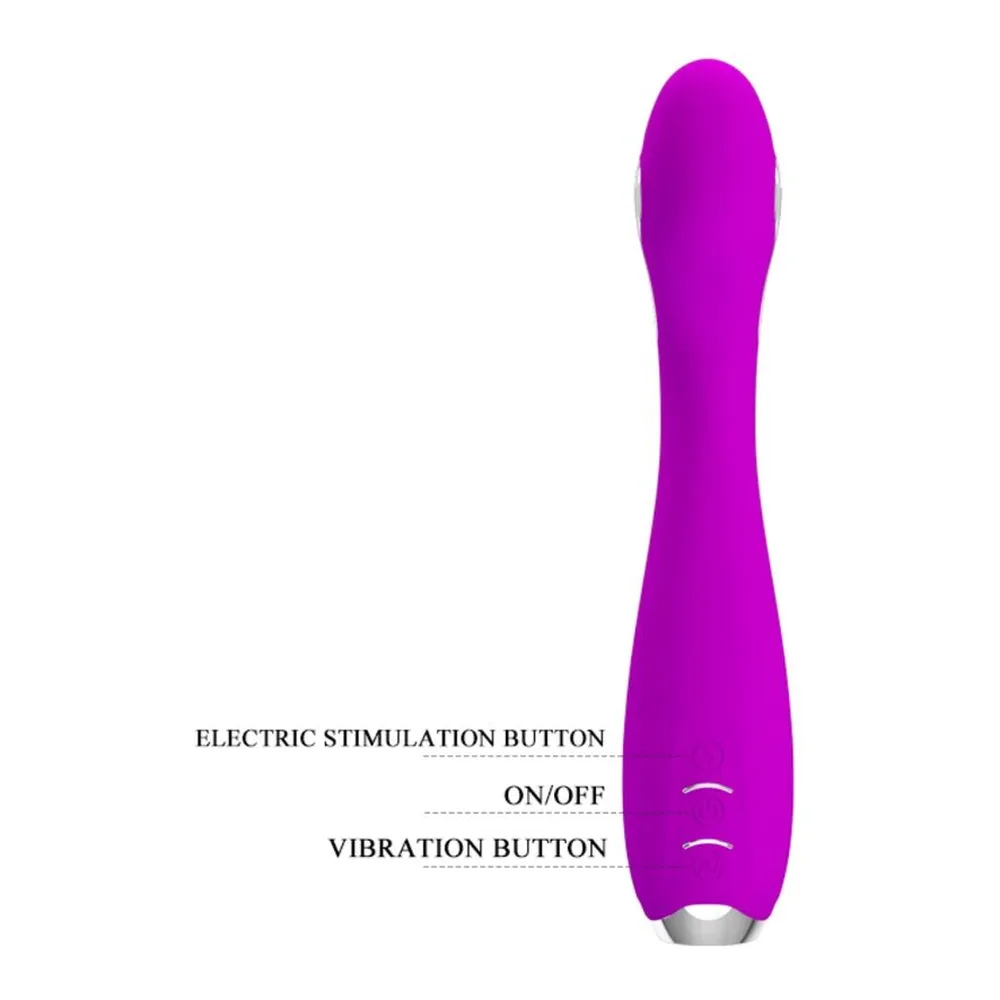 Vibromasseur rose vif en silicone avec embout arrondi, boutons de contrôle marqués « electric stimulation button » et « vibration button » sur le corps, base métallique argentée, sur fond blanc