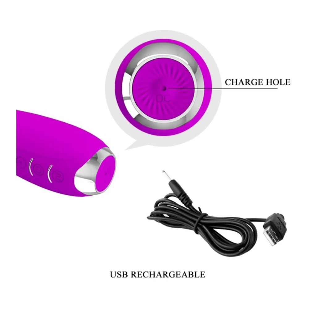 Vibromasseur rose vif en silicone avec embout arrondi, boutons de contrôle marqués « electric stimulation button » et « vibration button » sur le corps, base métallique argentée, sur fond blanc