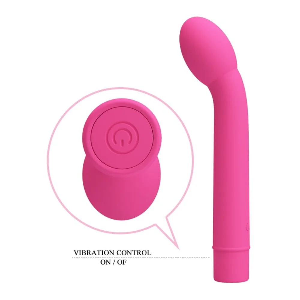 Schéma de dimensions d'un vibromasseur rose fuchsia à tête bulbeuse et col fin incurvé, affichant une largeur de 31 mm et une longueur de 169 mm