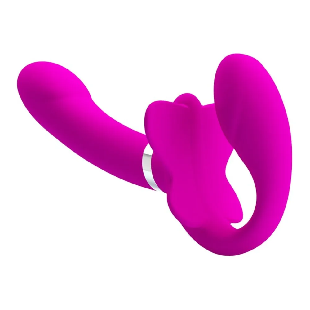 Vibromasseur double en silicone rose fuchsia avec deux bulbes courbes, l'un incurvé et l'un arrondi, bouton marche/arrêt de vibration visible sur le côté