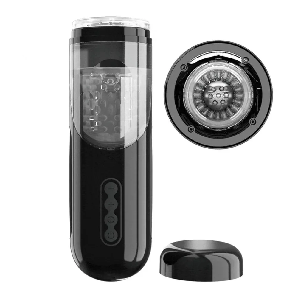 Masturbateur noir cylindrique avec détails en relief, port pour écouteurs et port USB de recharge visibles sur le schéma technique annoté