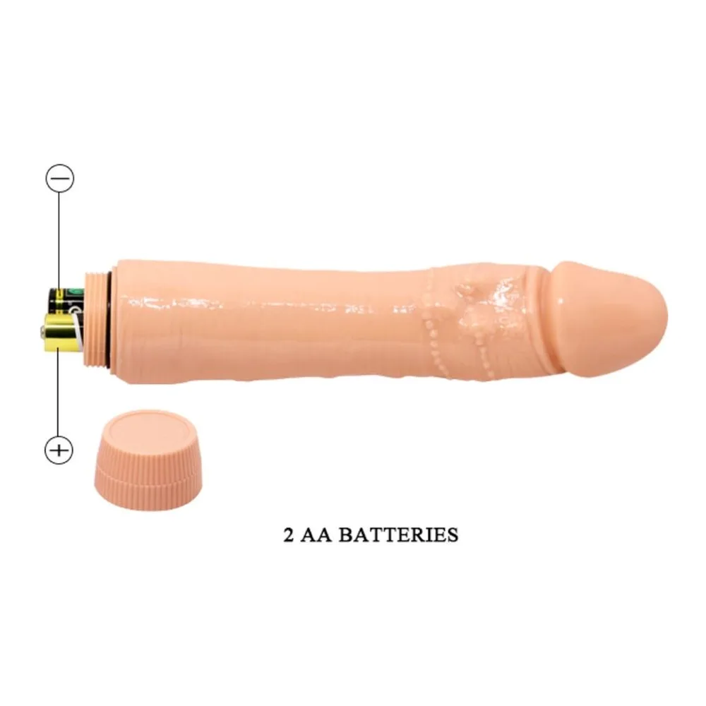 Vibromasseur réaliste en silicone beige clair avec veines, embout arrondi, moteur interne, avec capuchon et compartiment à piles AA visibles
