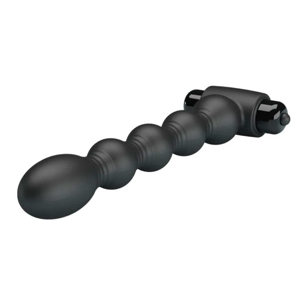 Plug anal en silicone noir avec perles progressives et poignée de commande, vue de profil sur fond blanc