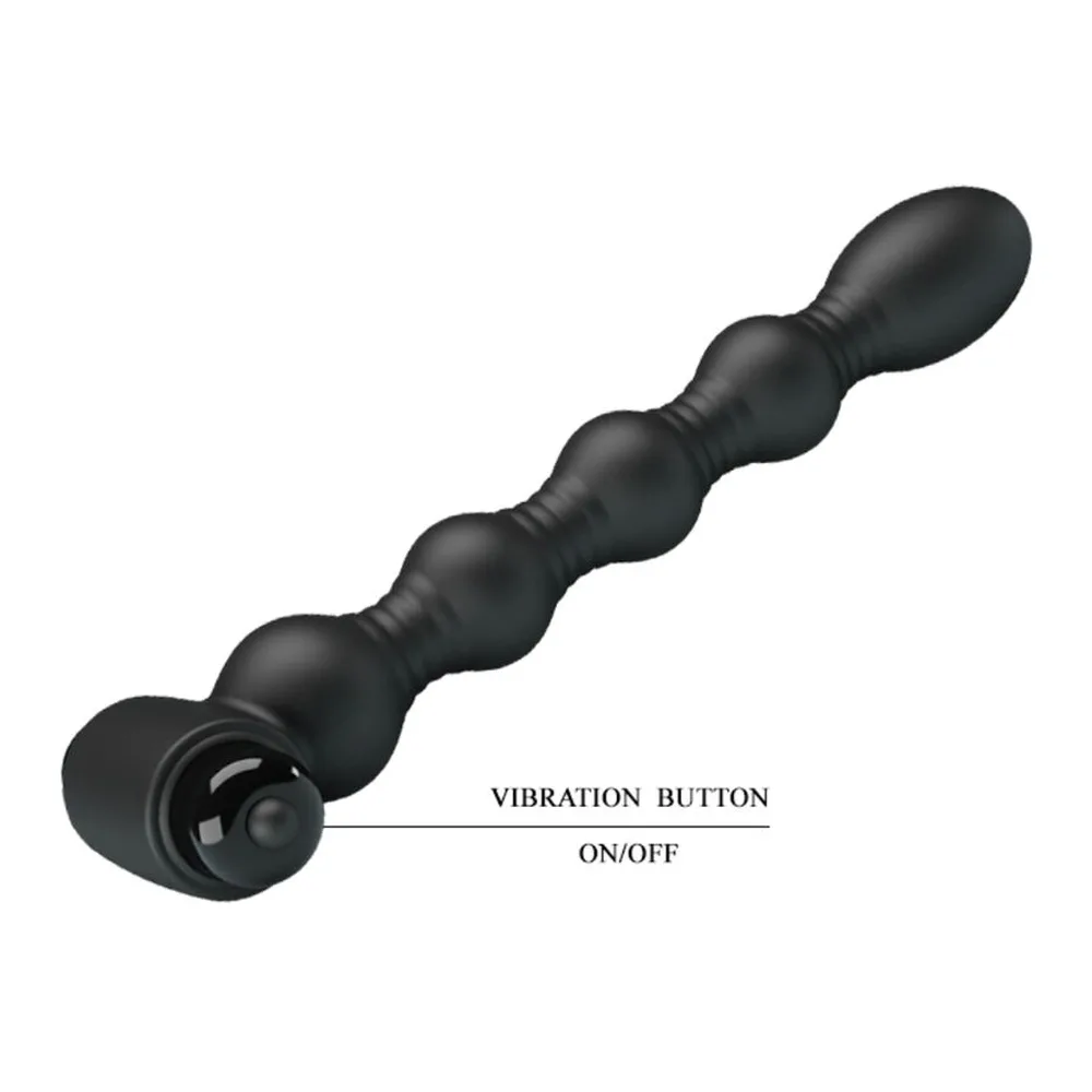 Plug anal en silicone noir avec perles progressives et poignée de commande, vue de profil sur fond blanc