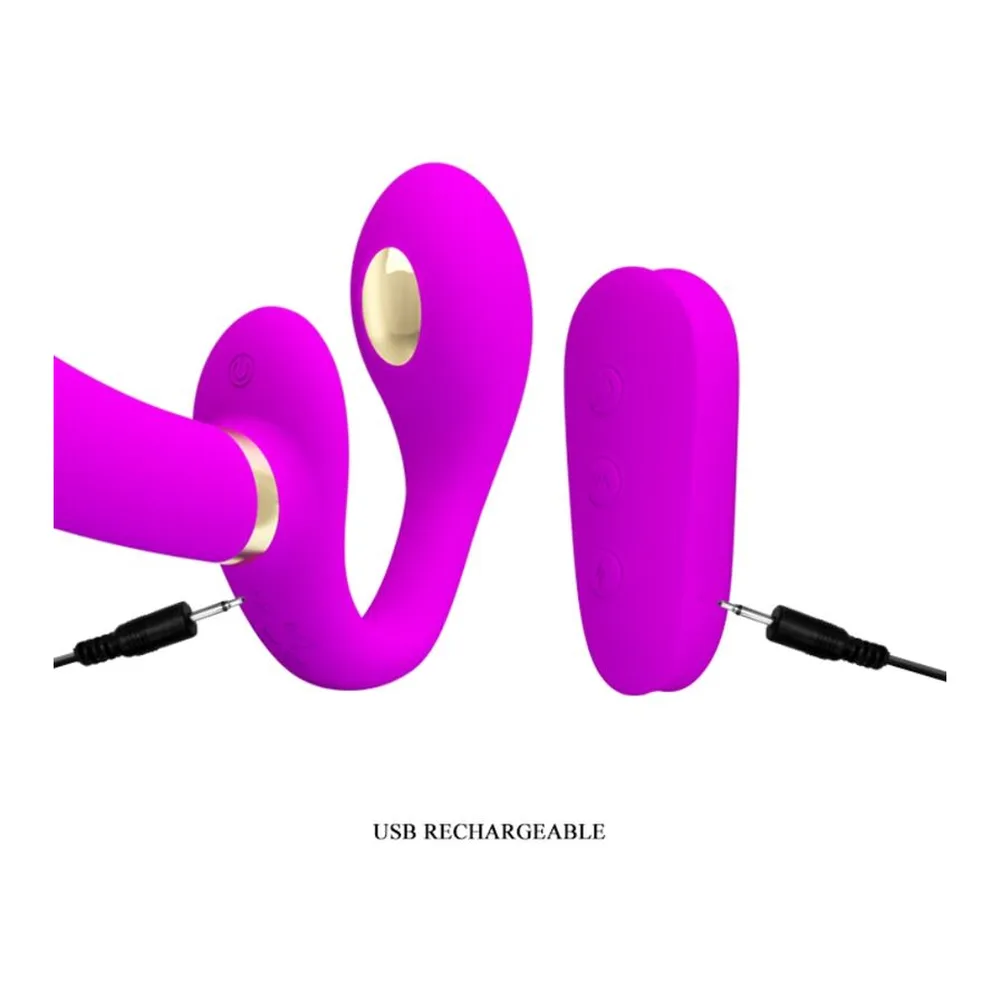 Vibromasseur double en silicone rose fuchsia avec deux têtes ovoïdes, câbles USB de recharge noirs, fond blanc