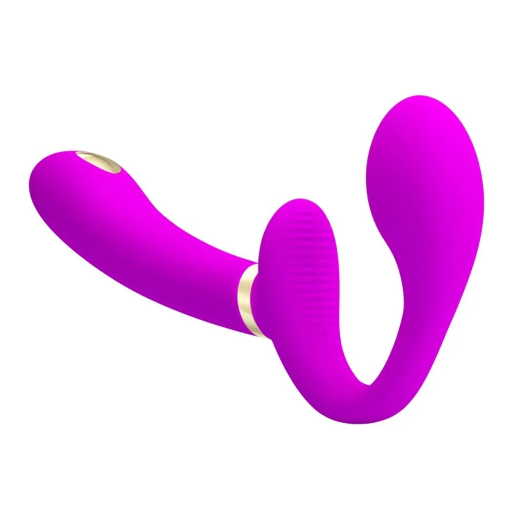 Vibromasseur double en silicone rose fuchsia avec deux têtes ovoïdes, câbles USB de recharge noirs, fond blanc