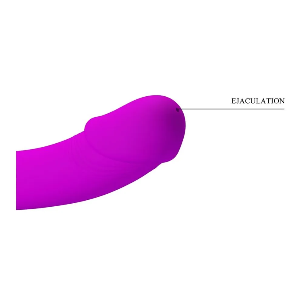 Stimulateur double en silicone rose magenta avec prolongement courbe et base bulbeuse, sur fond blanc
