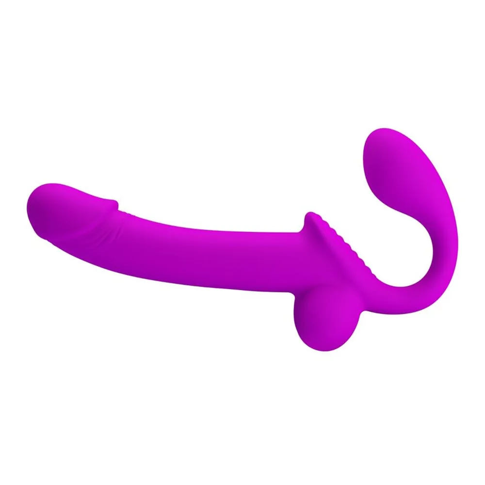 Stimulateur double en silicone rose magenta avec prolongement courbe et base bulbeuse, sur fond blanc