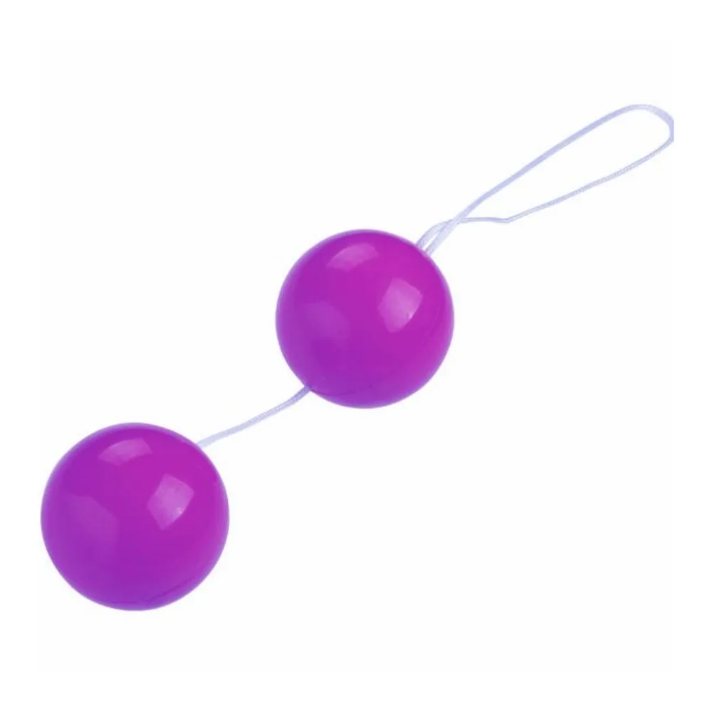 Boules de Geisha composées de deux sphères lisses en silicone violet magenta reliées par un cordon lavande, avec boucle de préhension