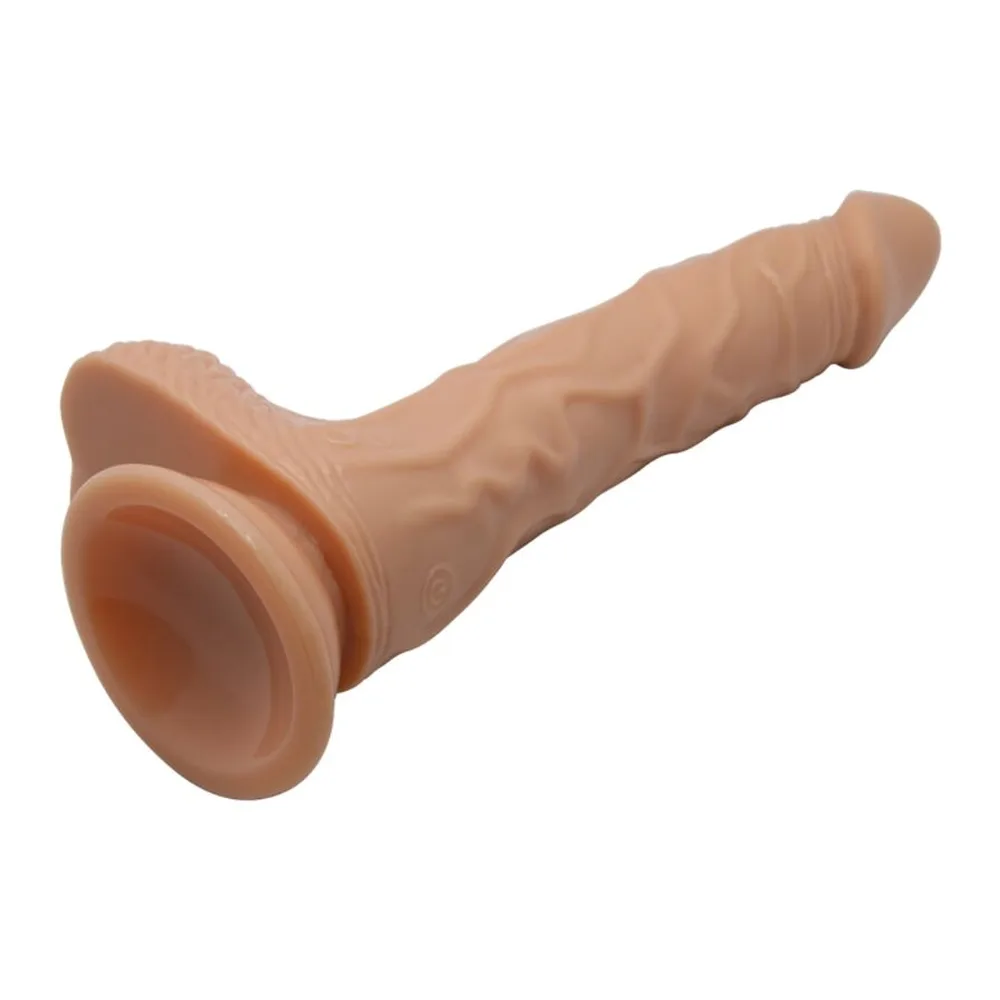 Schéma de dimensions d'un vibromasseur réaliste en TPR beige avec base de succion, montrant 37 mm de largeur et 200 mm de hauteur totale