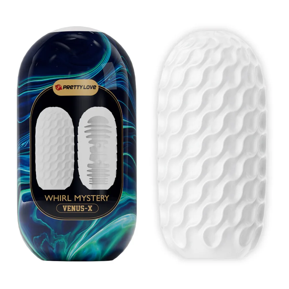Masturbateur blanc en forme d'œuf avec deux textures internes visibles en coupe : une côté ondulée et une côté spiralée, présenté avec son emballage bleu et or « Whirl Mystery », matière TPR