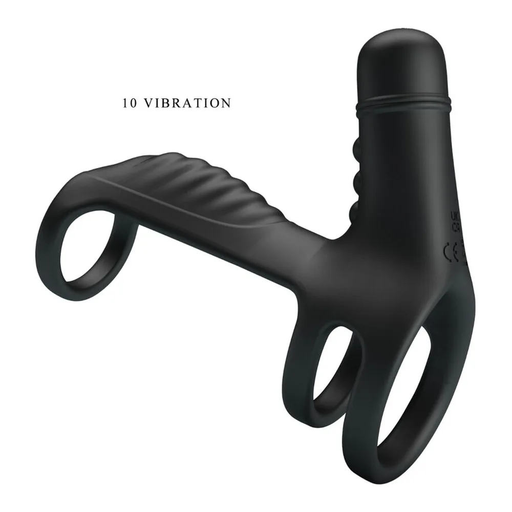 Manchon d'extension en silicone noir avec trois anneaux de préhension, une zone rainurée au centre et une boule vibrante amovible en haut, affichant « 10 vibration »