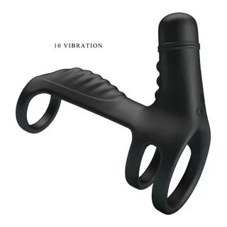 Manchon d'extension en silicone noir avec trois anneaux de préhension, une zone rainurée au centre et une boule vibrante amovible en haut, affichant « 10 vibration »