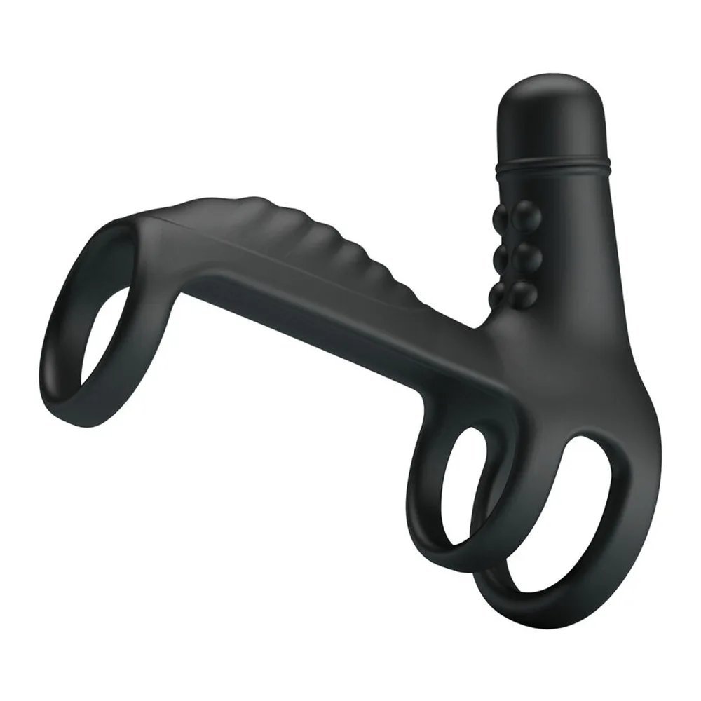 Manchon d'extension en silicone noir avec trois anneaux de préhension, une zone rainurée au centre et une boule vibrante amovible en haut, affichant « 10 vibration »