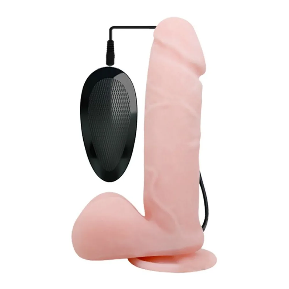 Vibromasseur réaliste rose poudré avec base ventouse et télécommande noire filaire, sur fond blanc