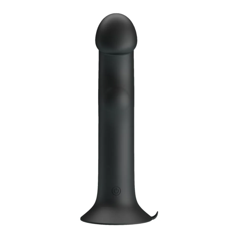 Vibromasseur noir en silicone avec tête sphérique arrondie, corps cylindrique lisse et base ventouse plate, bouton de commande visible sur le corps, fond blanc
