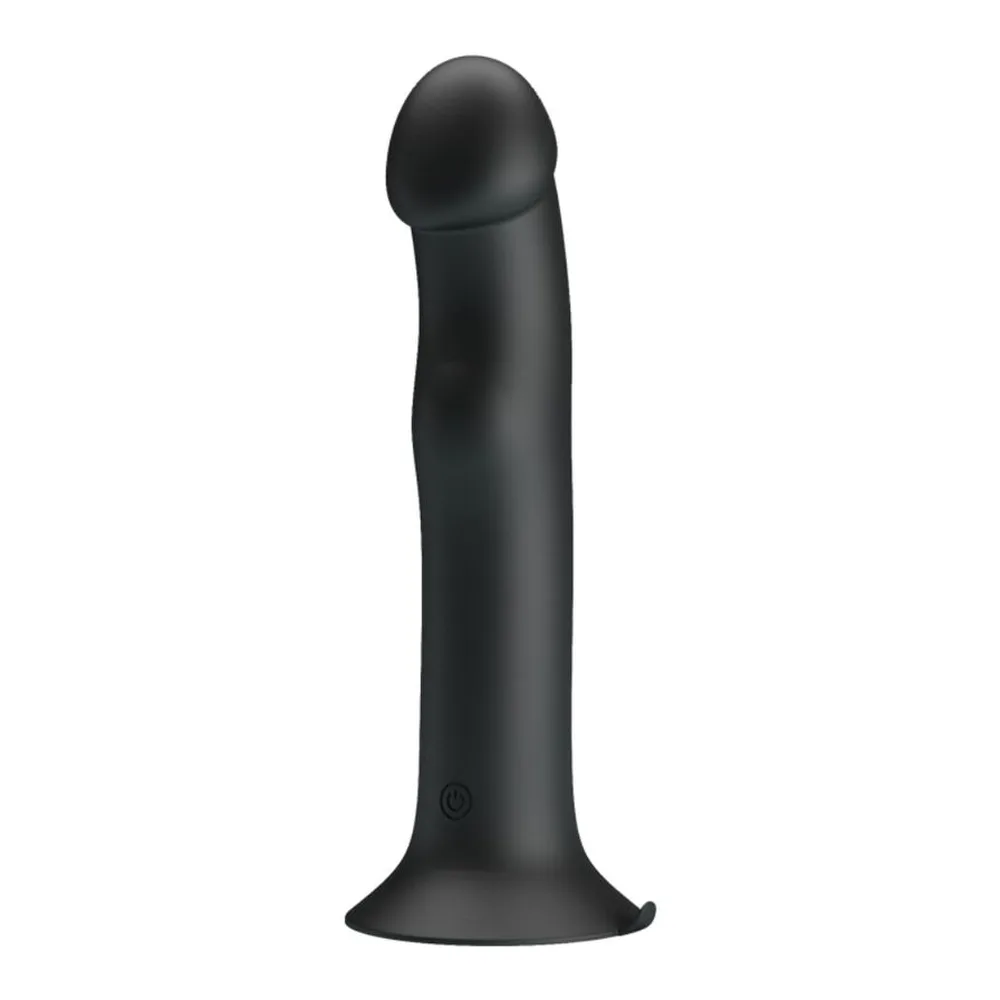 Vibromasseur noir en silicone avec tête sphérique arrondie, corps cylindrique lisse et base ventouse plate, bouton de commande visible sur le corps, fond blanc