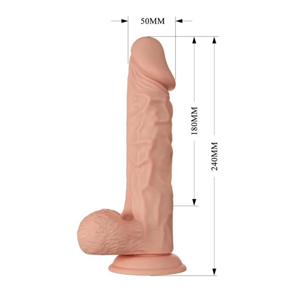 Schéma de dimensions du gode réaliste Buraq en silicone beige clair, montrant 18 cm de hauteur totale, 24 cm de longueur insertable, 50 mm de largeur, avec base à ventouse et testicules détaillés