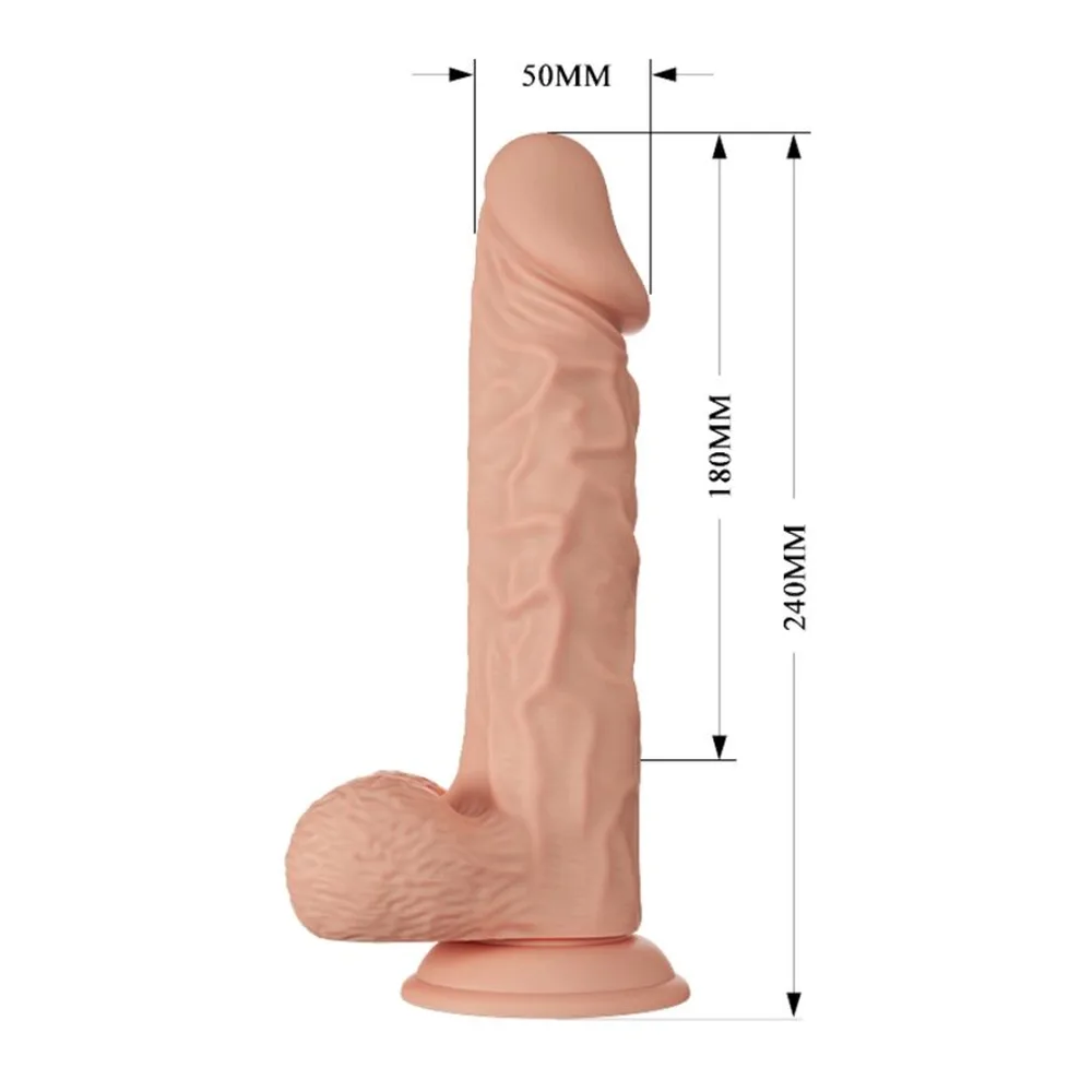 Schéma de dimensions d'un vibromasseur réaliste en TPR beige clair, montrant la largeur de 50 mm, la longueur totale de 240 mm et la longueur insérable de 180 mm, avec base ventouse